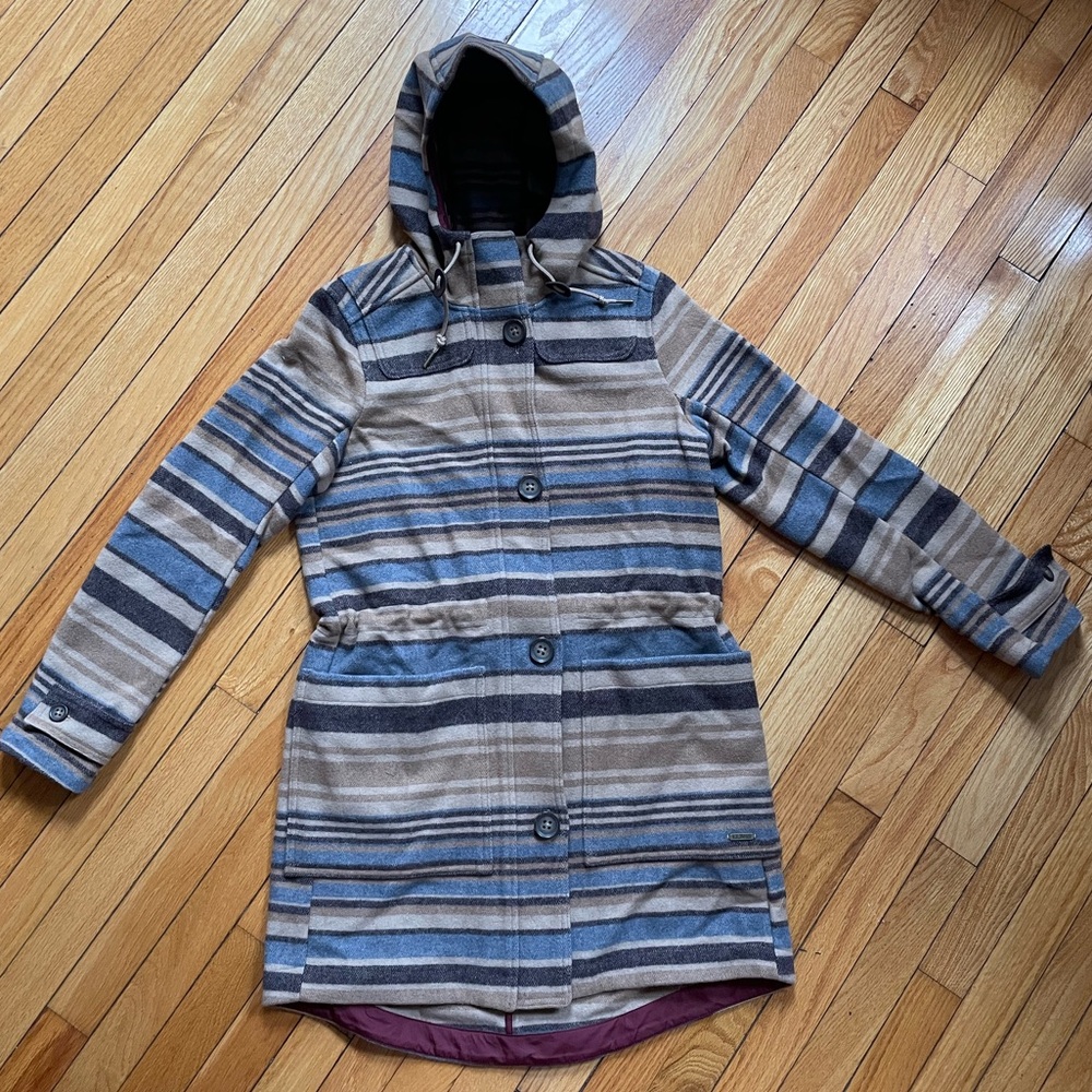 L.L. Bean Wool Coat, size small, blue & tan stripes